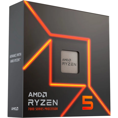 Boîte du processeur AMD Ryzen 5 7600X – vue de trois quarts côté gauche sur fond blanc
