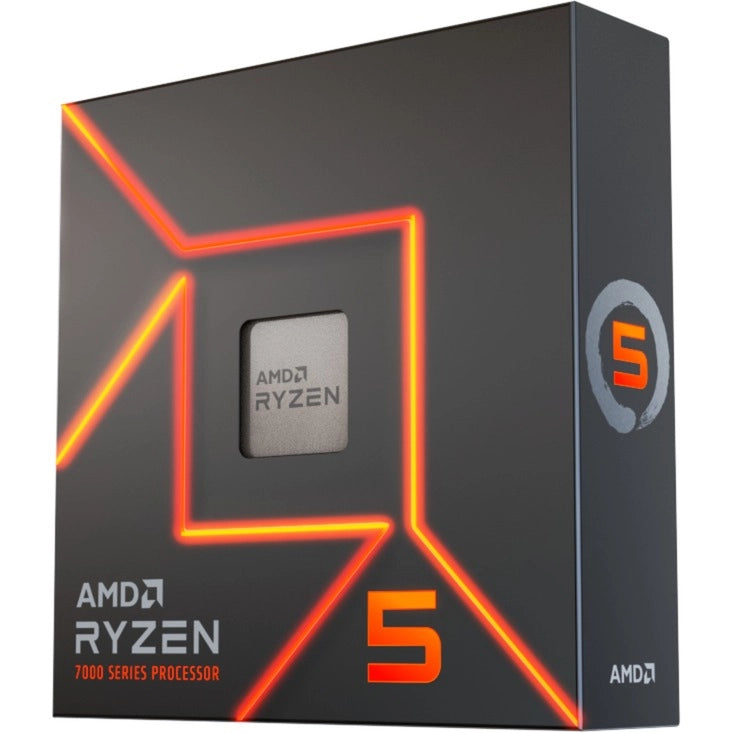 Boîte du processeur AMD Ryzen 5 7600X – vue de trois quarts côté droit sur fond blanc