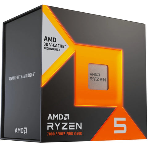 Boîte AMD Ryzen série 5000 X3D – vue de trois quarts sur fond blanc
