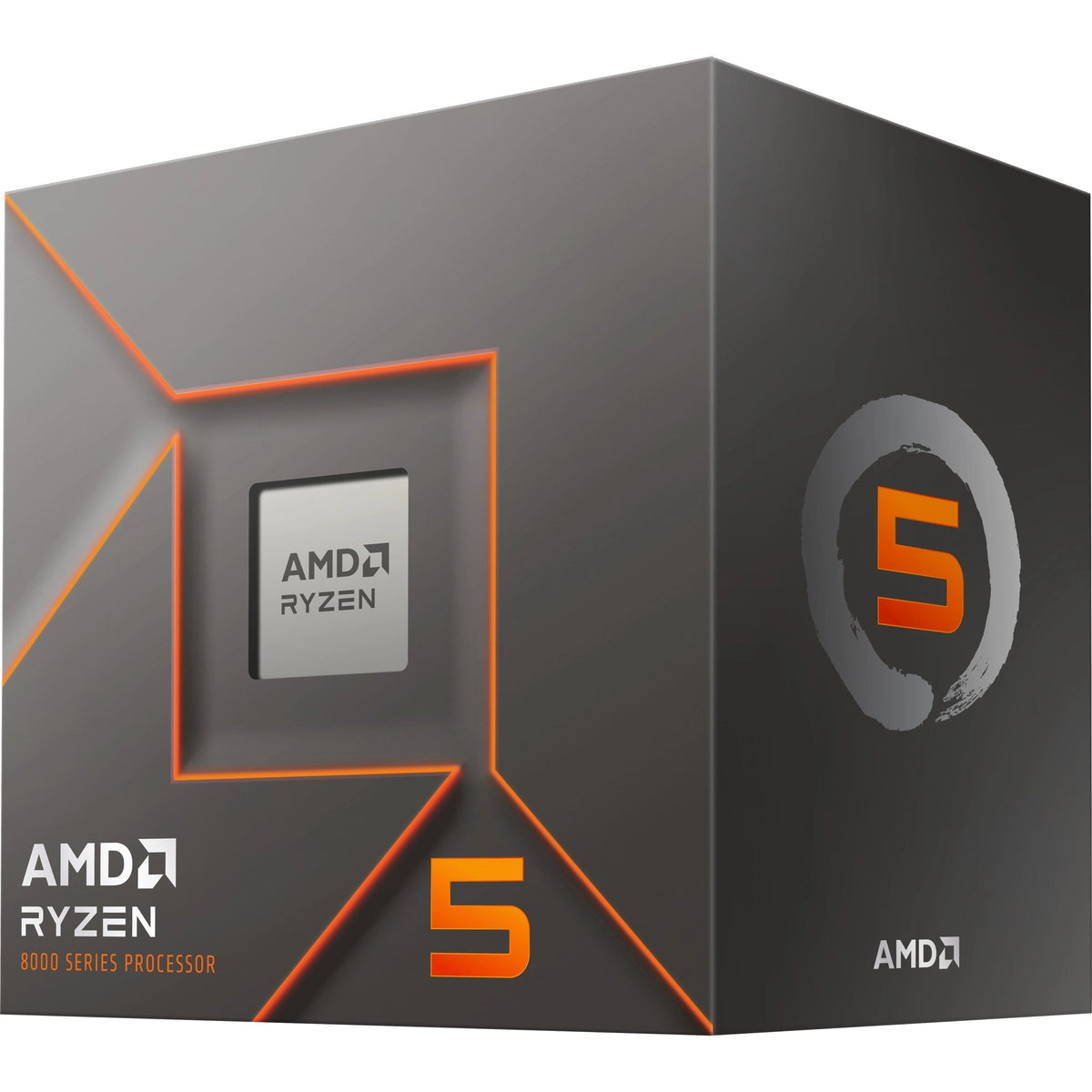 Boîte du processeur AMD Ryzen 5 8600G – vue de trois quarts côté droit sur fond blanc