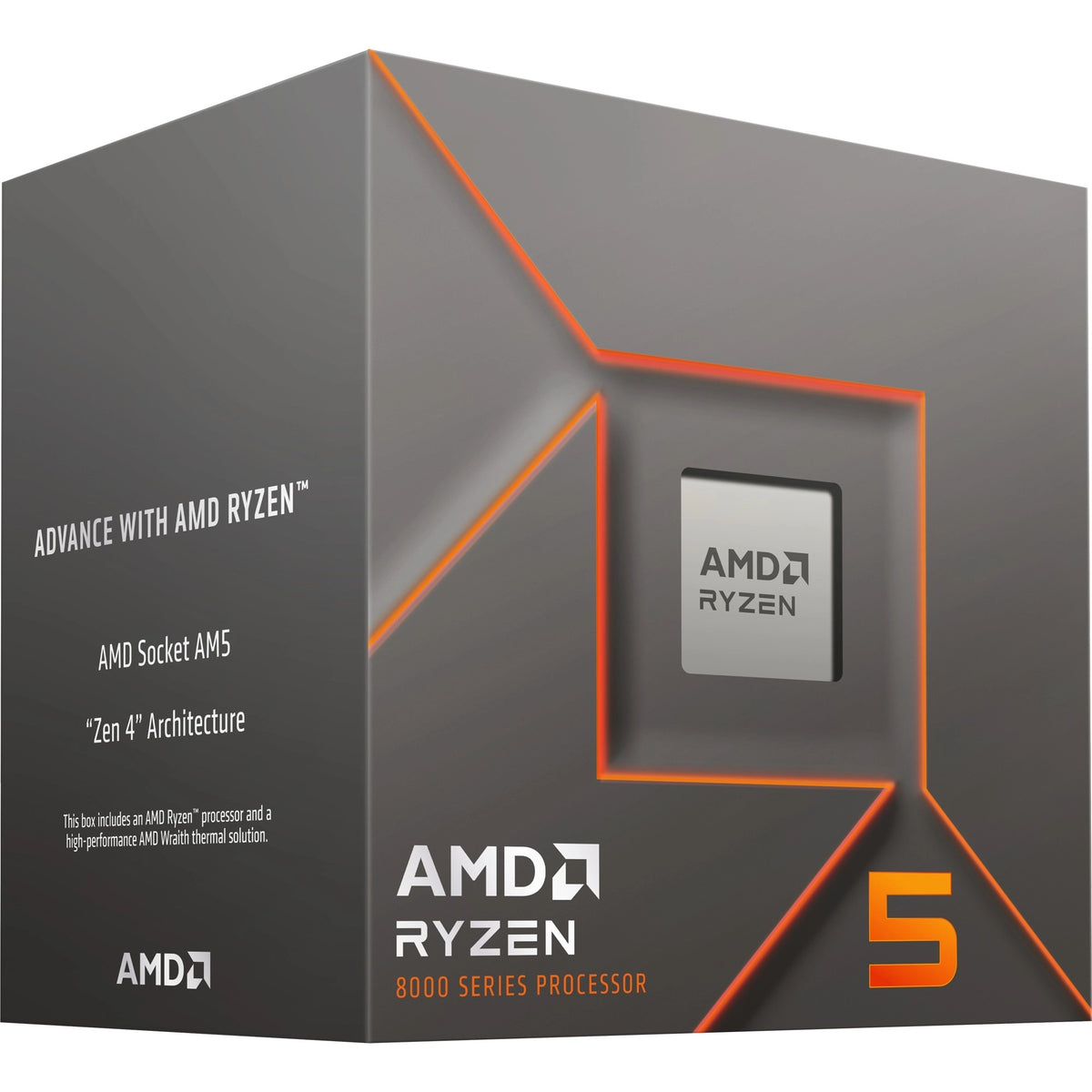 Boîte du processeur AMD Ryzen 5 8500G – vue de trois quarts côté gauche sur fond blanc