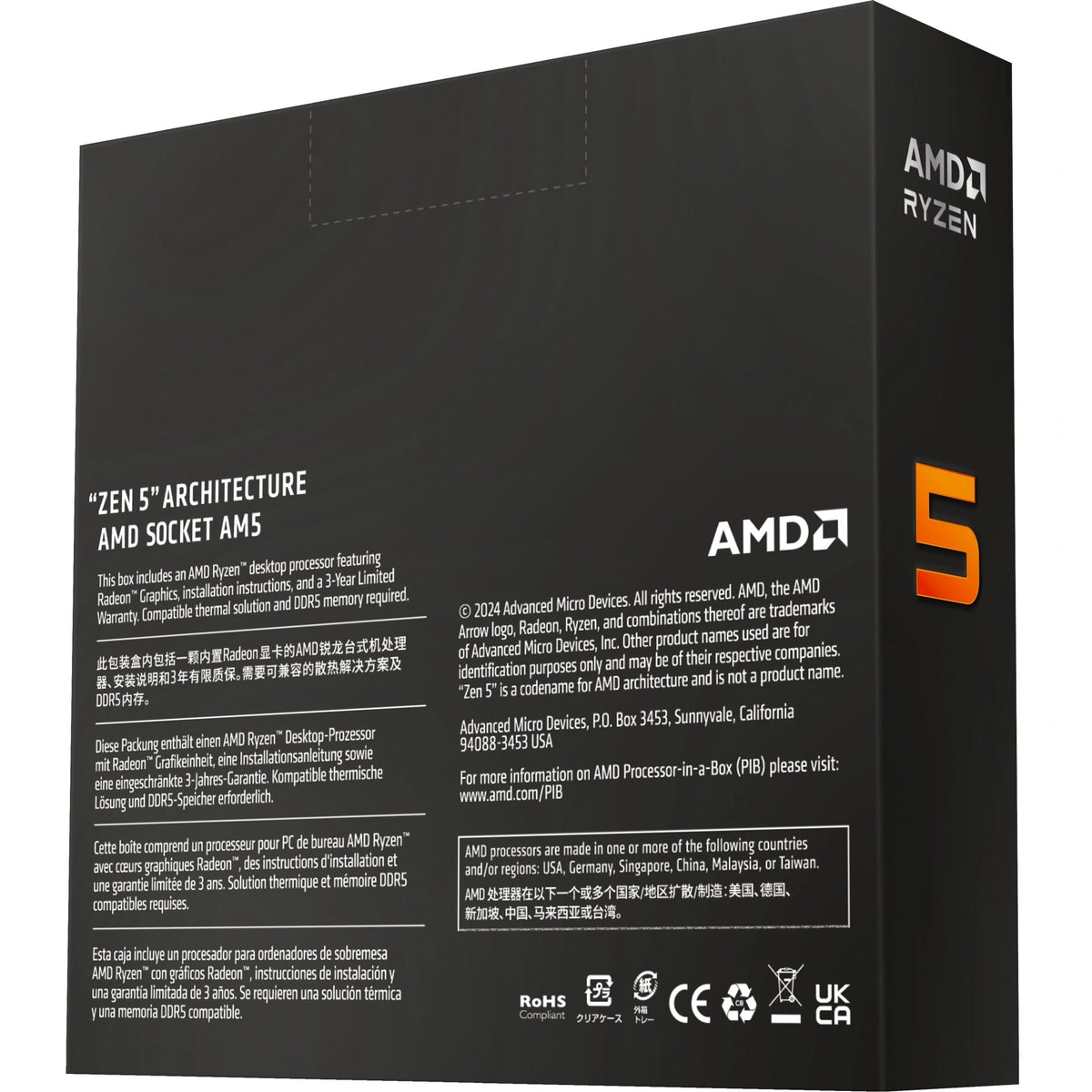 Boîte du processeur AMD Ryzen 5 9600 – vue arrière sur fond blanc
