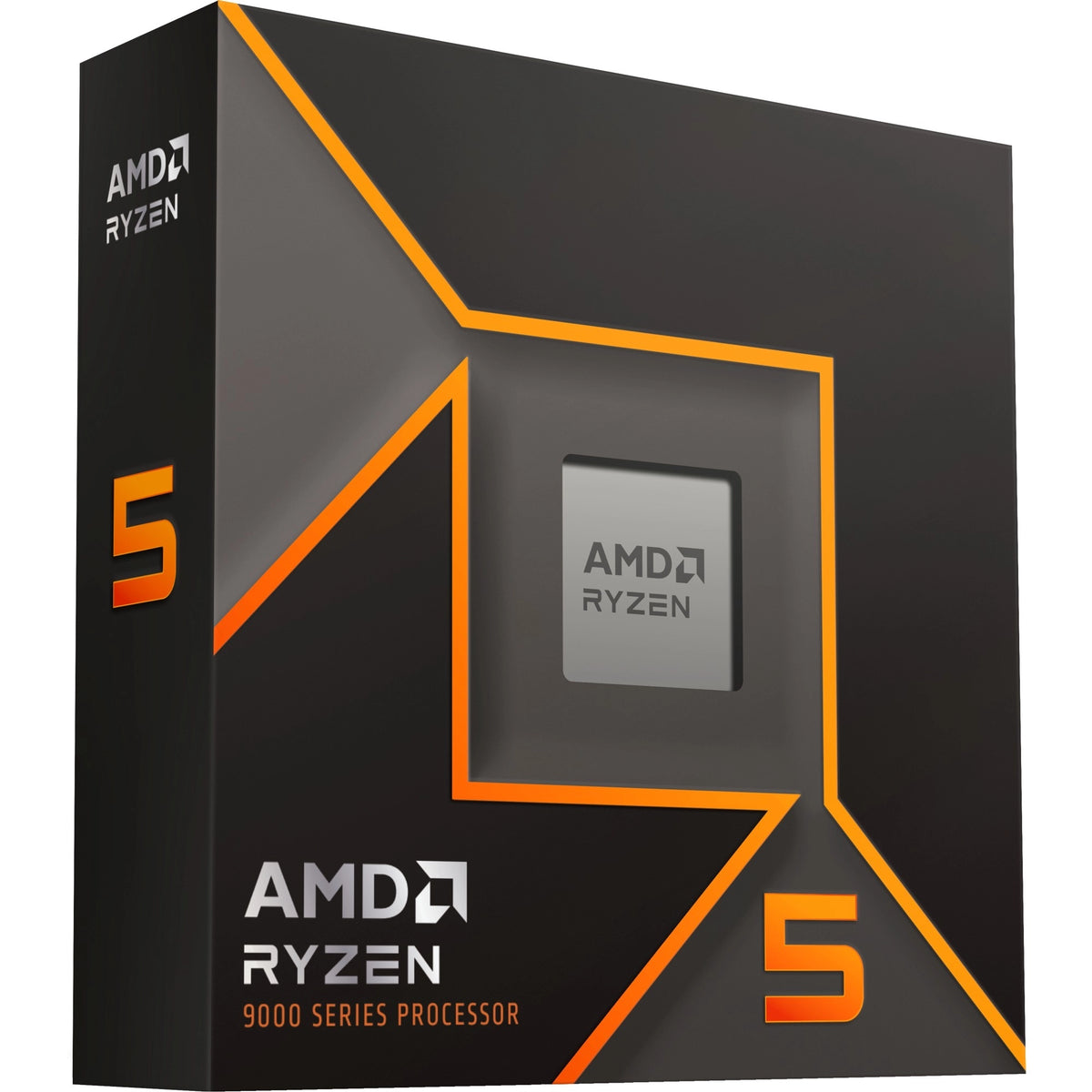 Boîte du processeur AMD Ryzen 5 9600 – vue de trois quarts côté gauche sur fond blanc