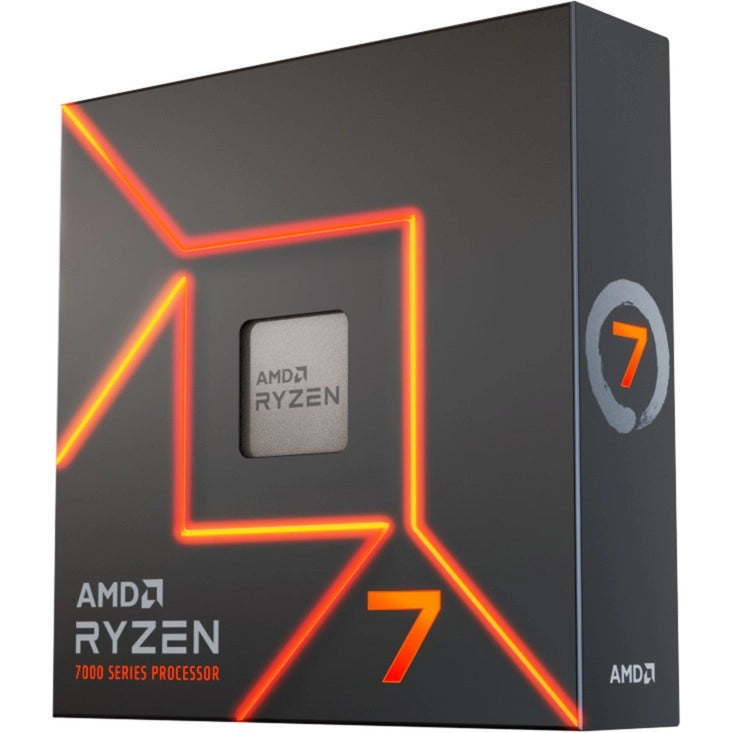 Boîte du processeur AMD Ryzen 7 7700X – vue de trois quarts côté droit sur fond blanc