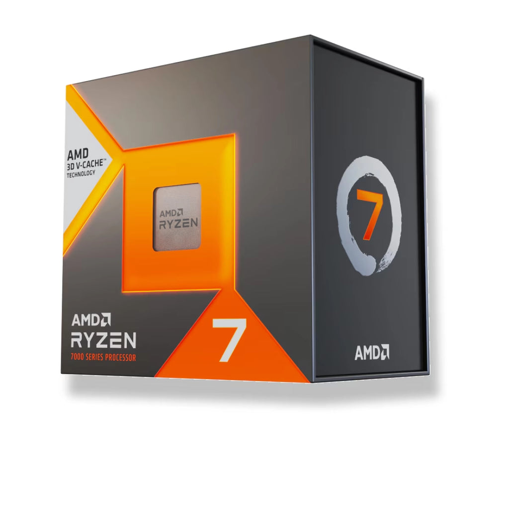 Boîte AMD Ryzen série 7000 X3D – vue latérale sur fond blanc