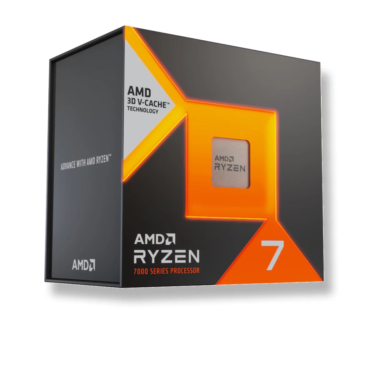 Boîte AMD Ryzen série 7000 X3D – vue de trois quarts sur fond blanc