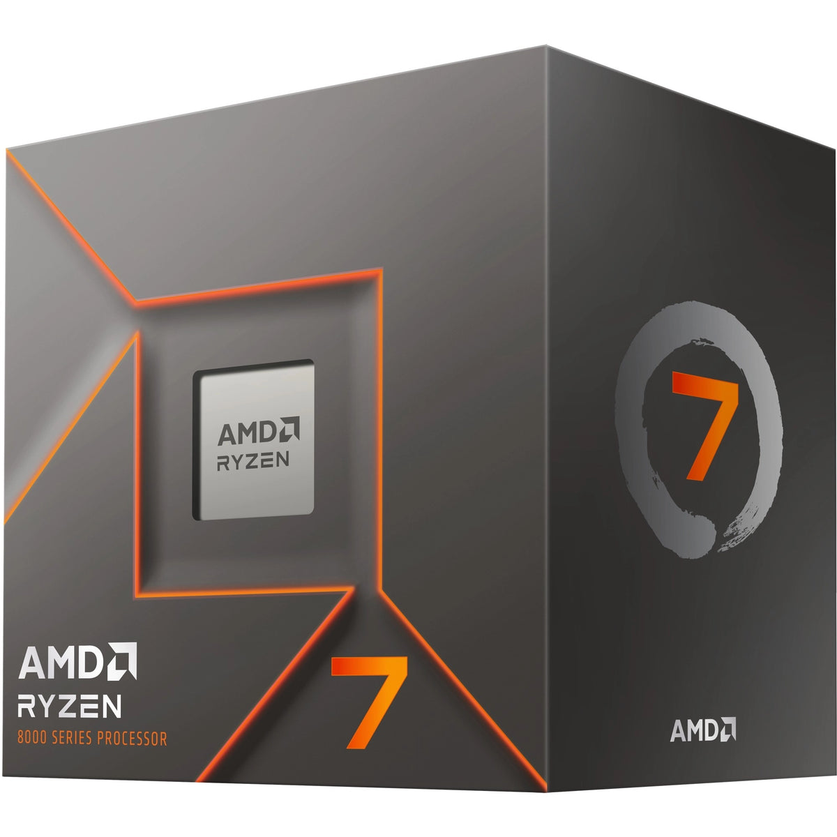 Boîte du processeur AMD Ryzen 7 8700F – vue de trois quarts côté droit sur fond blanc