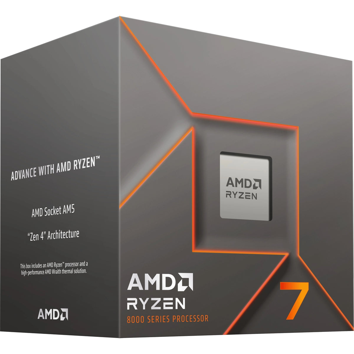 Boîte du processeur AMD Ryzen 7 8700F – vue de trois quarts côté gauche sur fond blanc