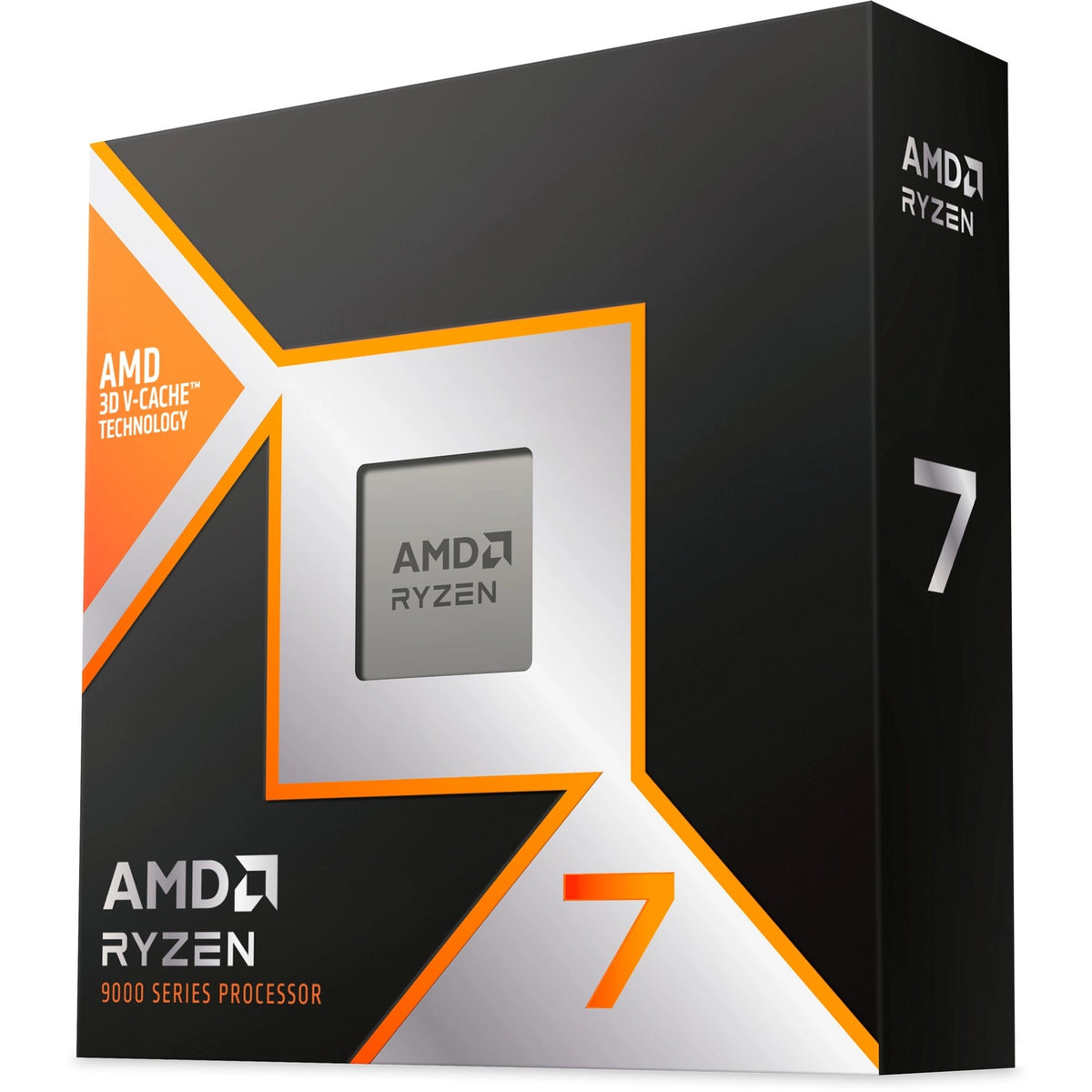 Boîte du processeur AMD Ryzen 7 9850X3D – vue de trois quarts côté droit sur fond blanc