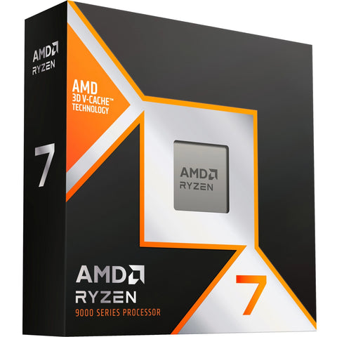 Boîte du processeur AMD Ryzen 7 9850X3D – vue de trois quarts côté gauche sur fond blanc