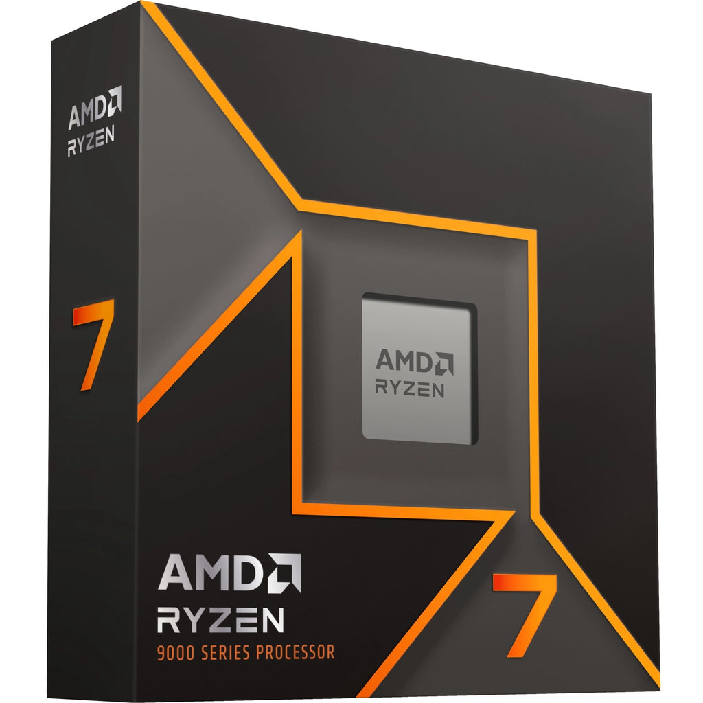 Boîte du processeur AMD Ryzen 7 9700X – vue de trois quarts côté gauche sur fond blanc