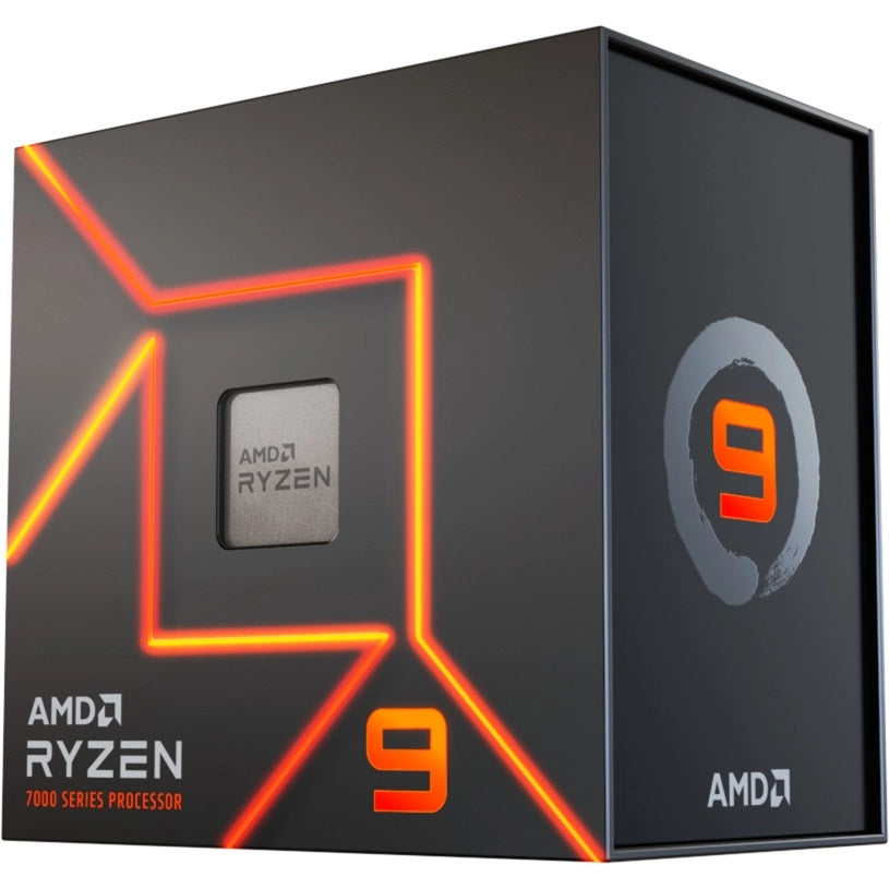 Boîte du processeur AMD Ryzen 9 7900X – vue de trois quarts côté droit sur fond blanc