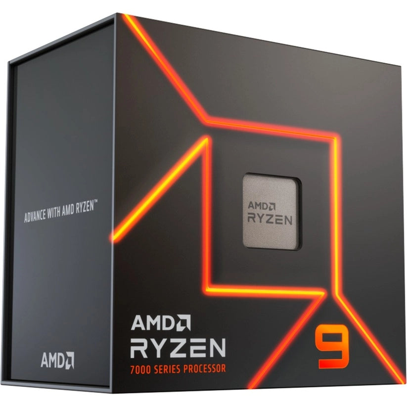 Boîte du processeur AMD Ryzen 9 7900 – vue de trois quarts côté gauche sur fond blanc