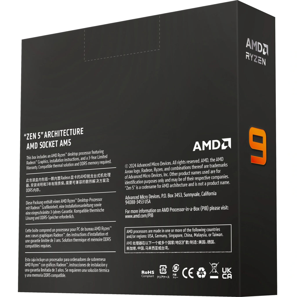 Boîte du processeur AMD Ryzen 9 9900X – vue arrière sur fond blanc