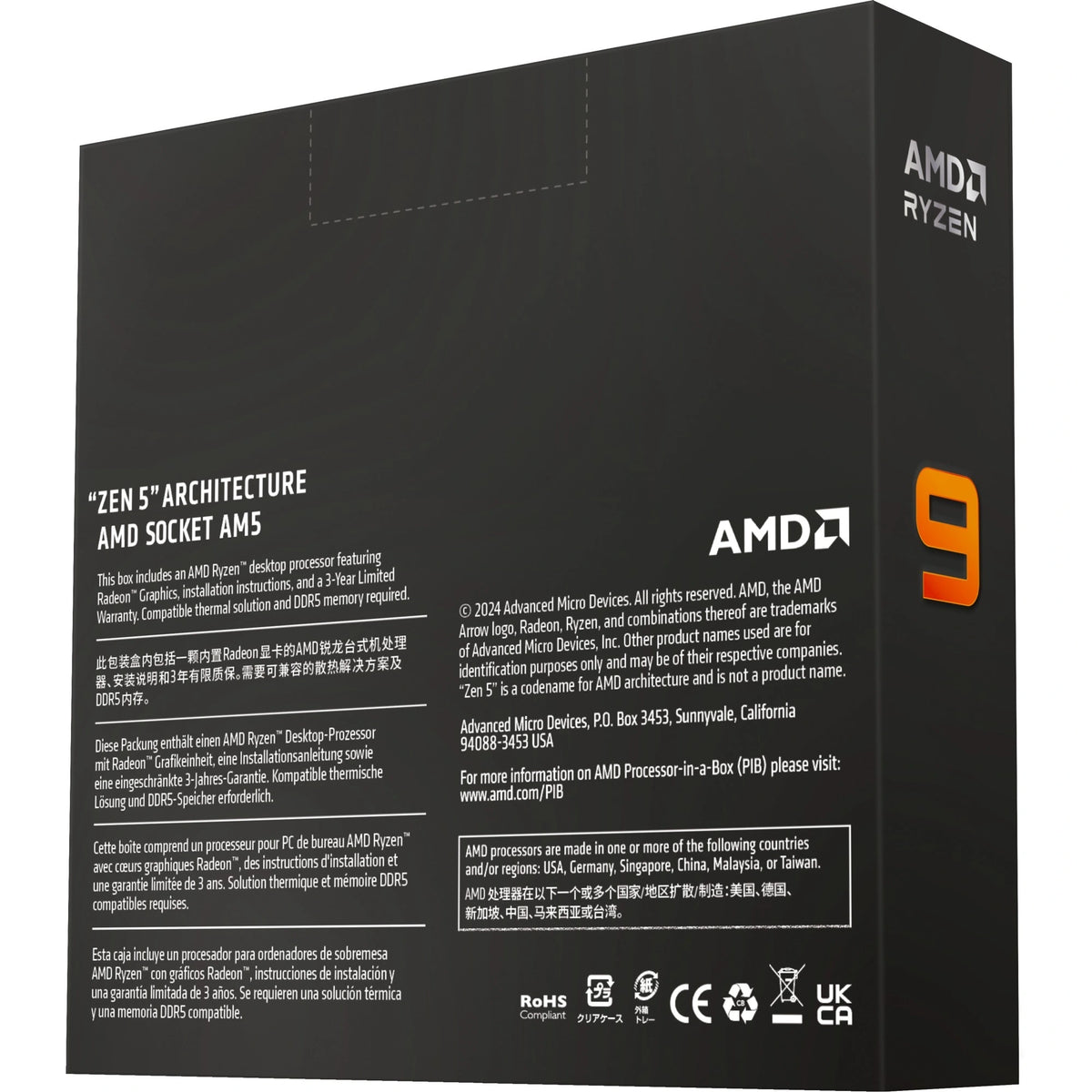 Boîte du processeur AMD Ryzen 9 9900X – vue arrière sur fond blanc