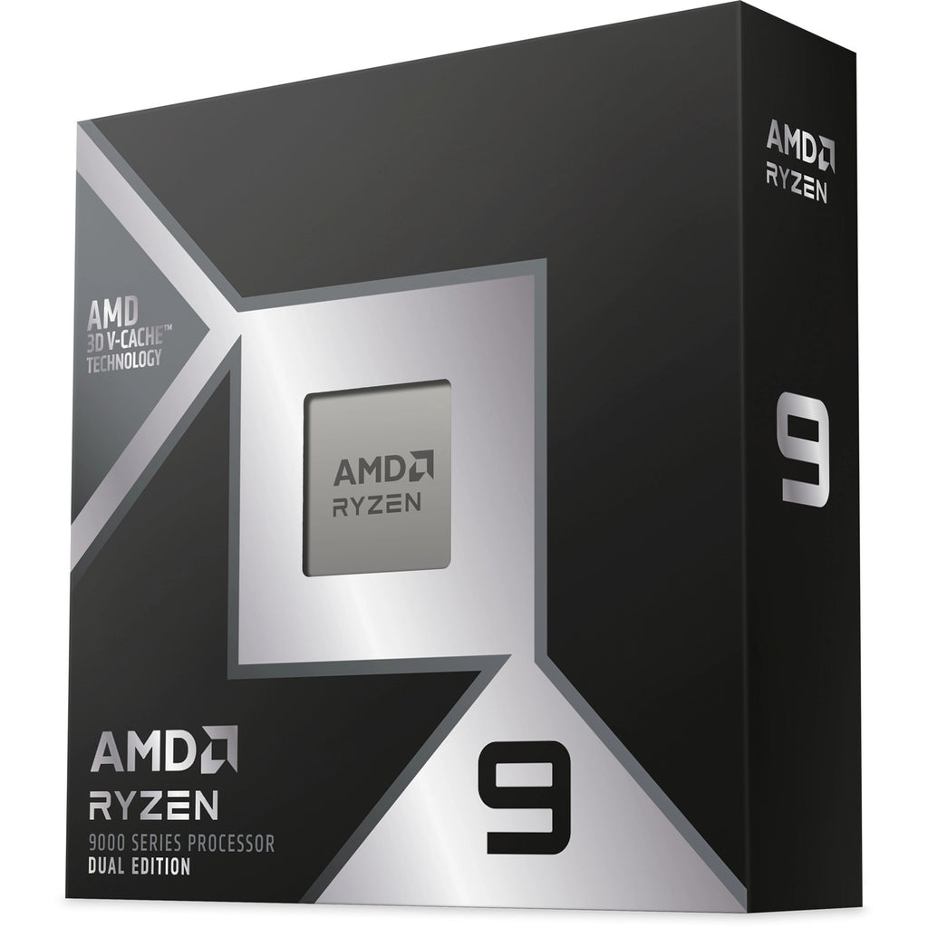 Boîte du processeur AMD Ryzen 9 9950X3D2 – vue de profil sur fond blanc