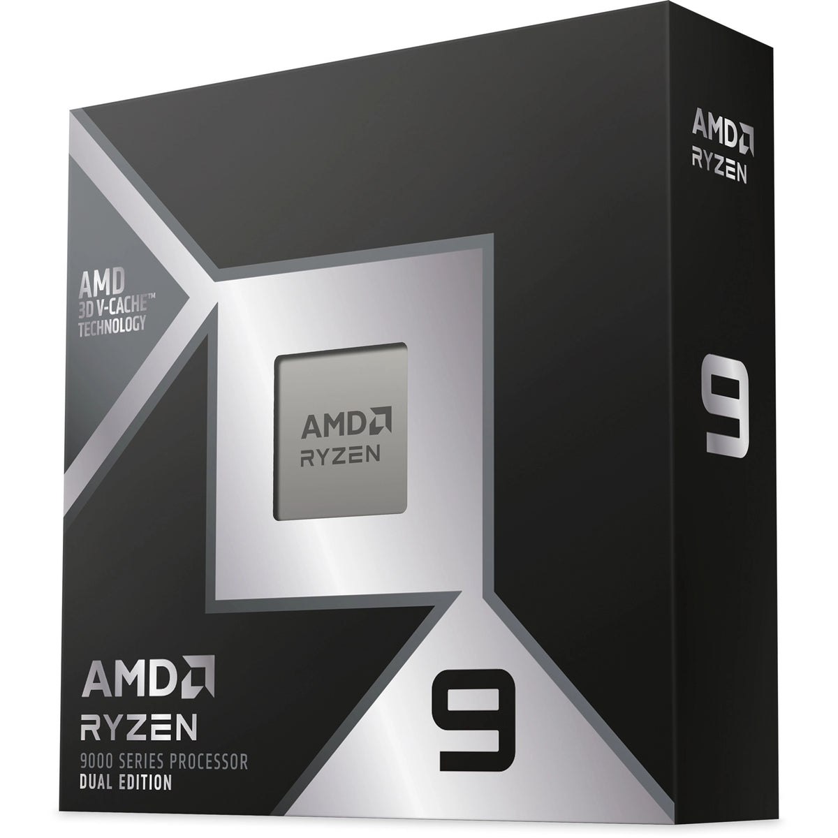 Boîte du processeur AMD Ryzen 9 9950X3D2 – vue de profil sur fond blanc