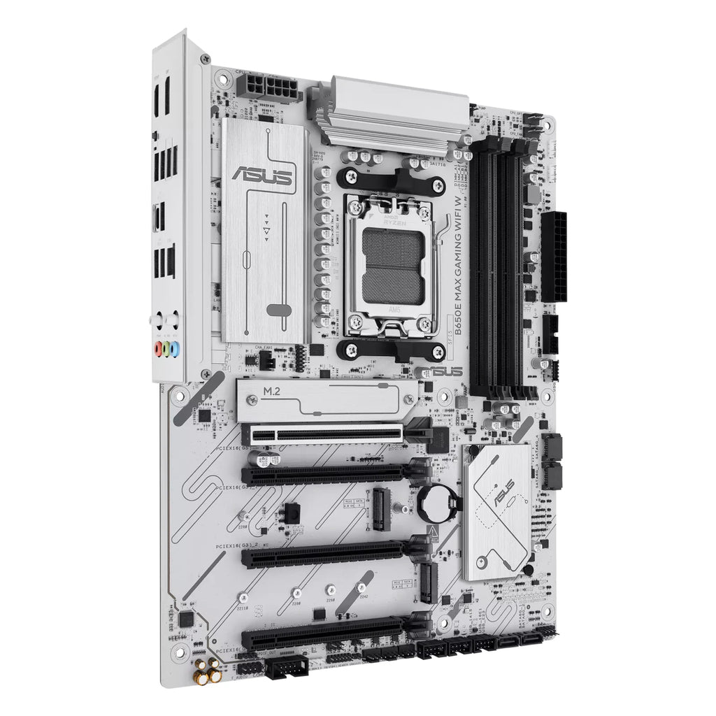 ASUS B650E MAX GAMING WIFI W — vue de face à 90 degrés sur fond blanc carré — réf. 90MB1M00-M0EAY0