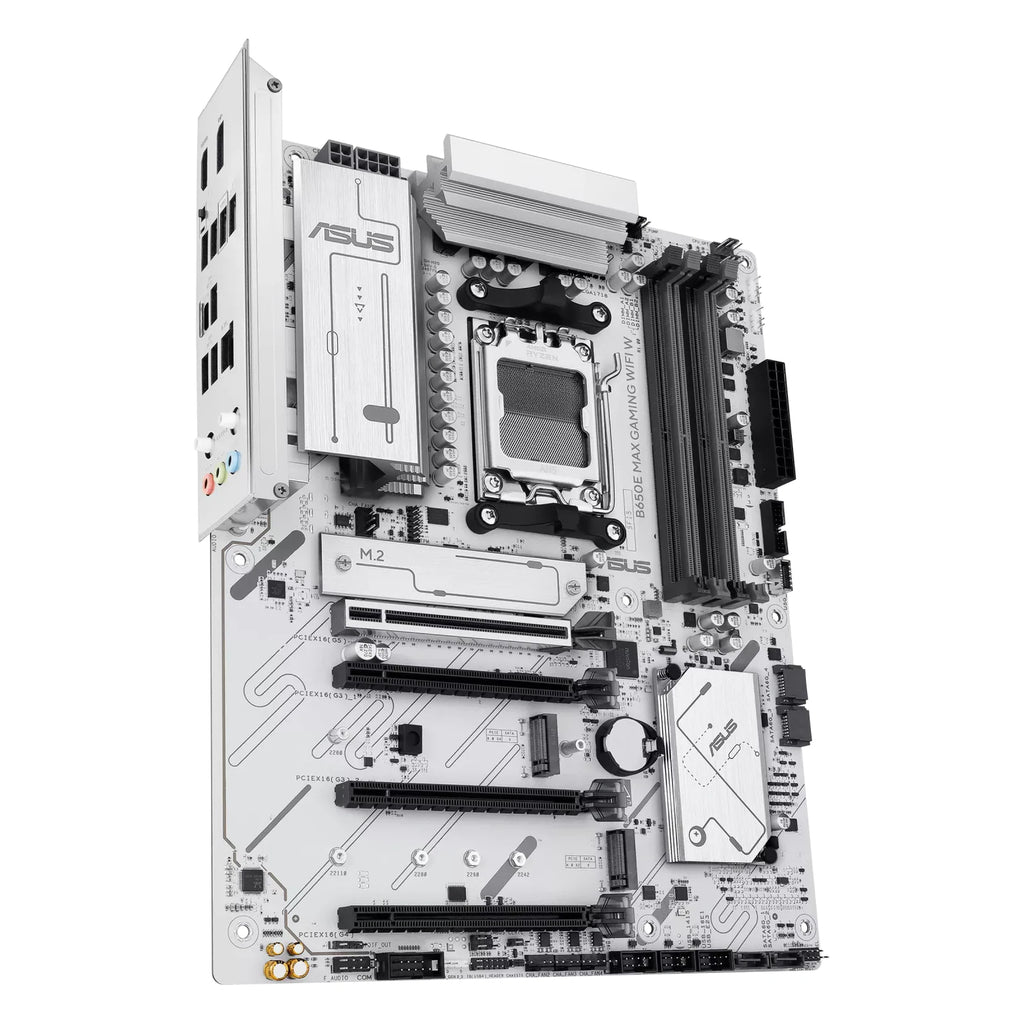 ASUS B650E MAX GAMING WIFI W — vue en perspective à 60 degrés sur fond blanc carré — réf. 90MB1M00-M0EAY0