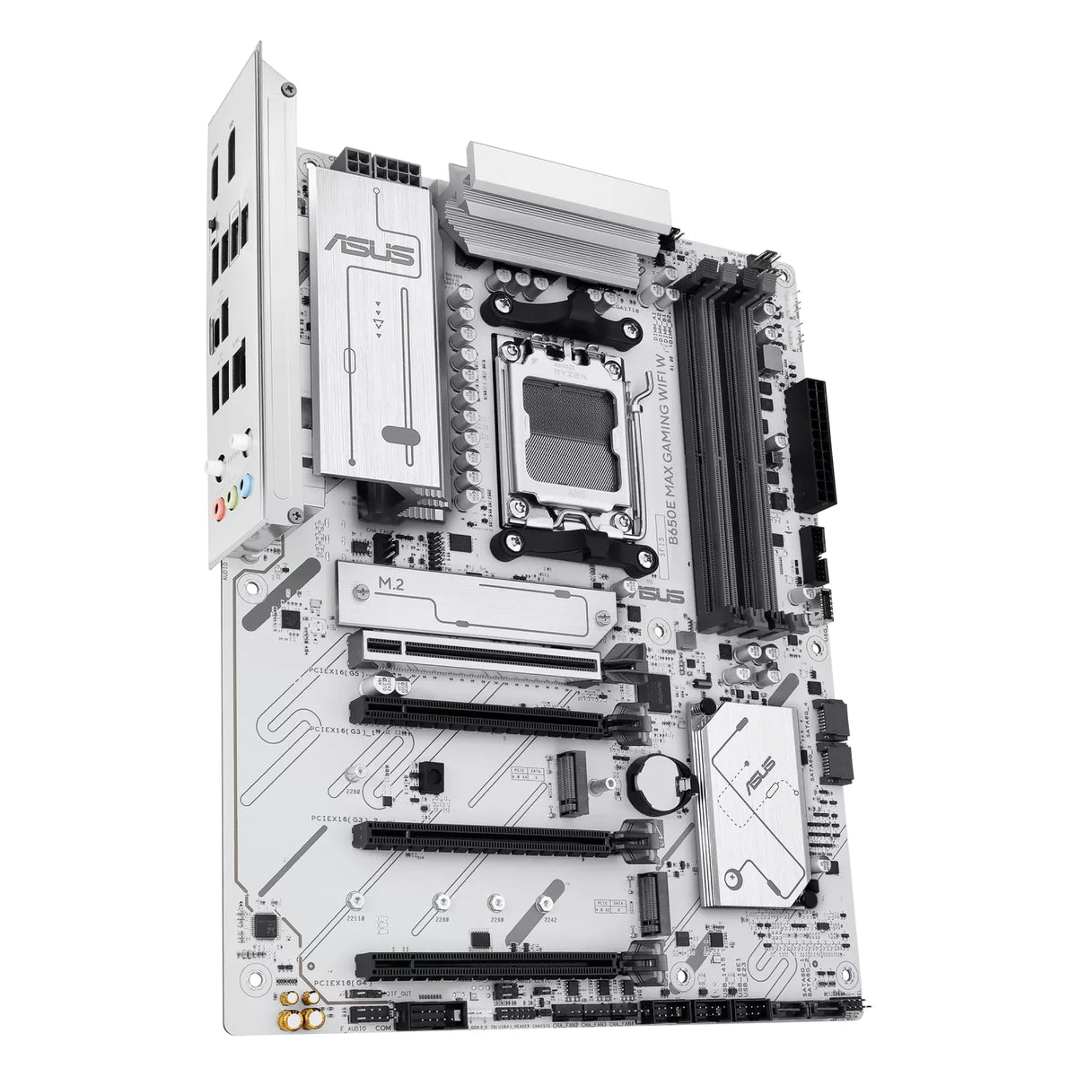 ASUS B650E MAX GAMING WIFI W — vue en perspective à 60 degrés sur fond blanc carré — réf. 90MB1M00-M0EAY0