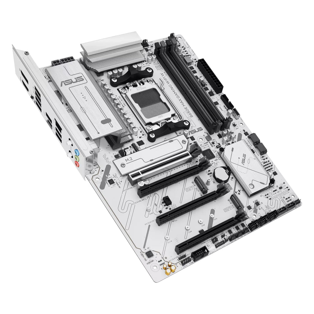 ASUS B650E MAX GAMING WIFI W — vue en perspective à 45 degrés sur fond blanc carré — réf. 90MB1M00-M0EAY0