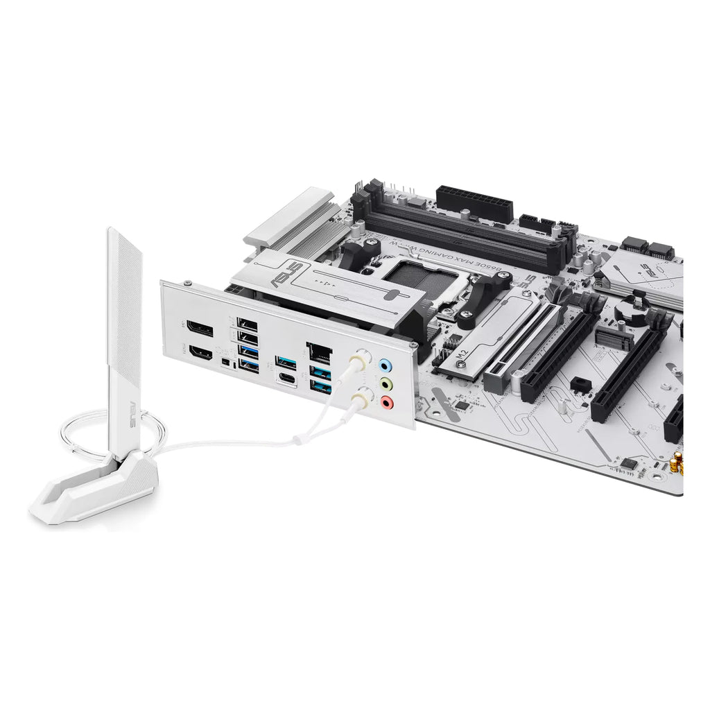 ASUS B650E MAX GAMING WIFI W — vue produit 5 sur fond blanc carré — réf. 90MB1M00-M0EAY0