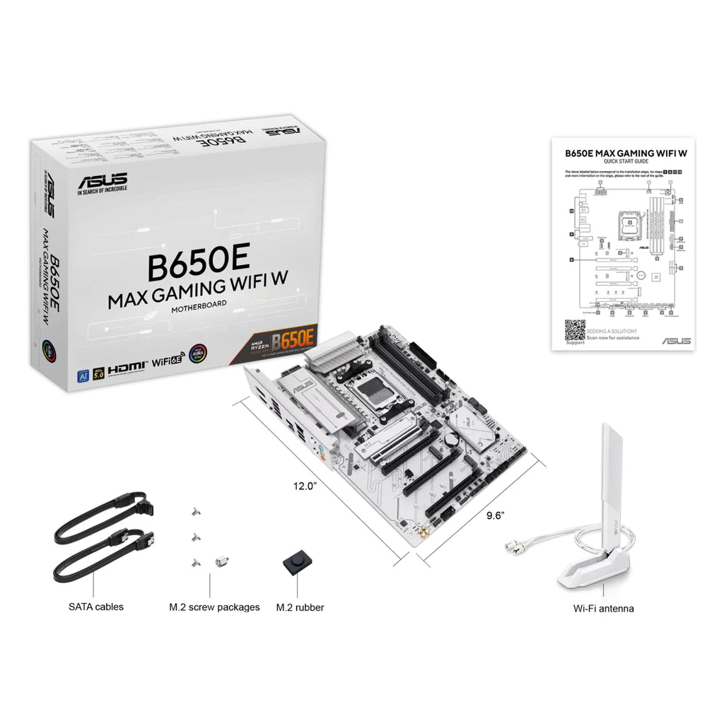 ASUS B650E MAX GAMING WIFI W — contenu de la boîte sur fond blanc carré — réf. 90MB1M00-M0EAY0