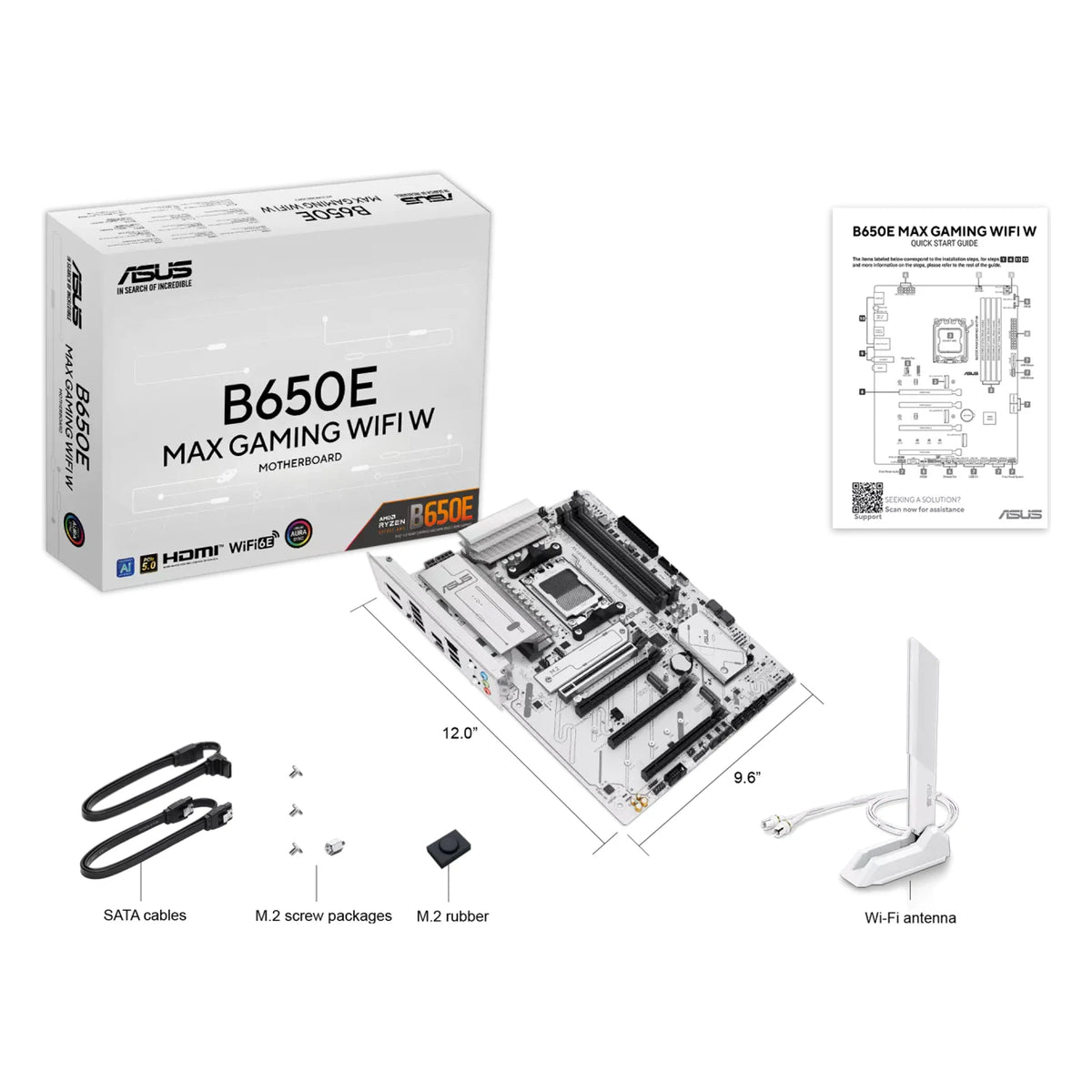 ASUS B650E MAX GAMING WIFI W — contenu de la boîte sur fond blanc carré — réf. 90MB1M00-M0EAY0