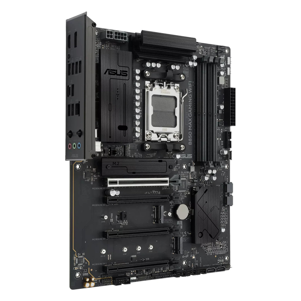 ASUS B850 MAX GAMING WIFI — vue de face à 90 degrés sur fond blanc carré — réf. 90MB1PR0-M0EAY0