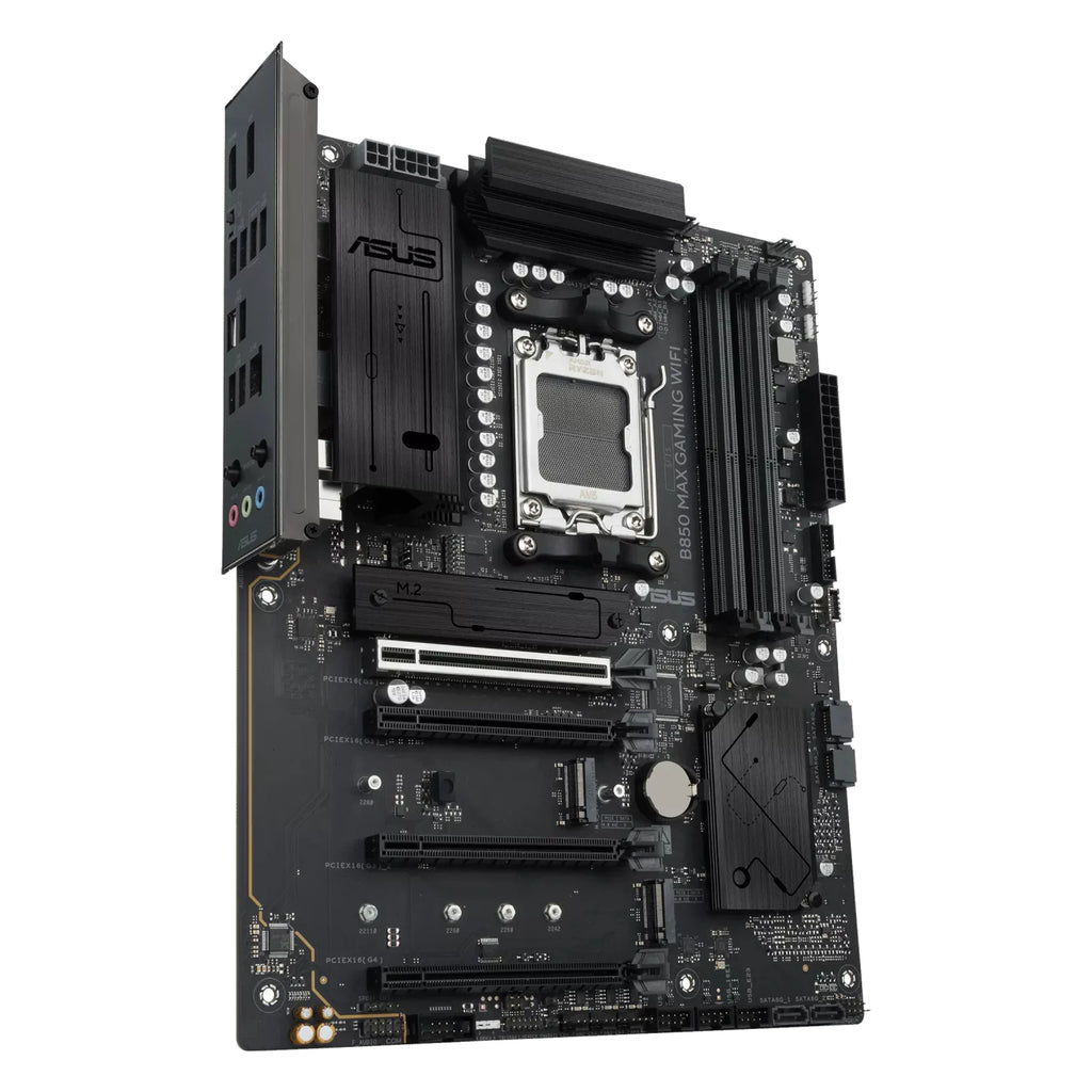 ASUS B850 MAX GAMING WIFI — vue en perspective à 60 degrés sur fond blanc carré — réf. 90MB1PR0-M0EAY0
