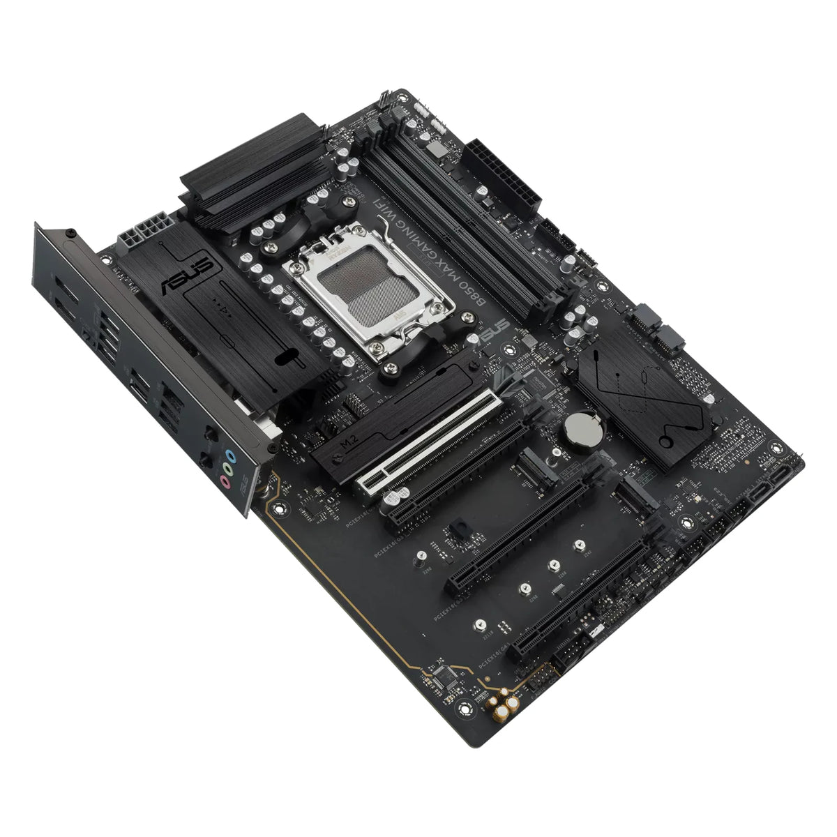ASUS B850 MAX GAMING WIFI — vue en perspective à 45 degrés sur fond blanc carré — réf. 90MB1PR0-M0EAY0