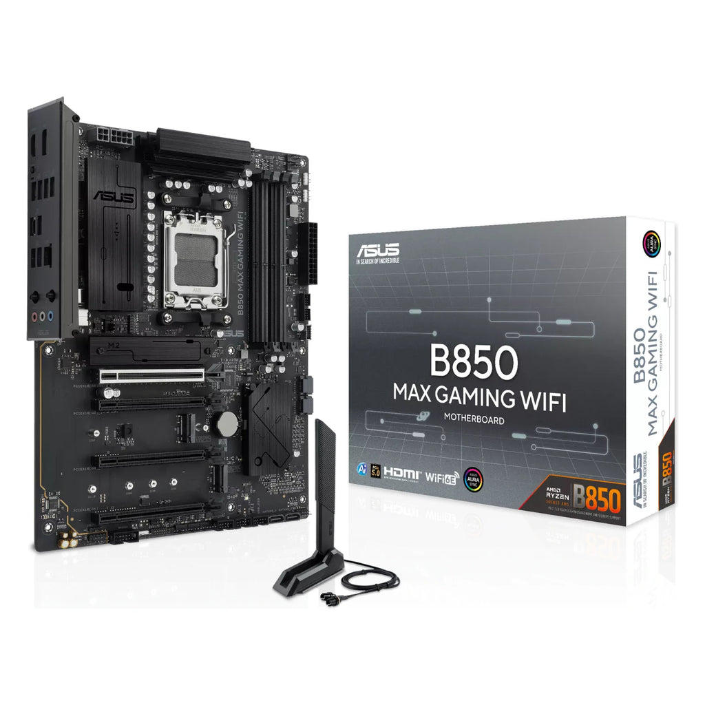 ASUS B850 MAX GAMING WIFI — vue avec emballage sur fond blanc carré — réf. 90MB1PR0-M0EAY0