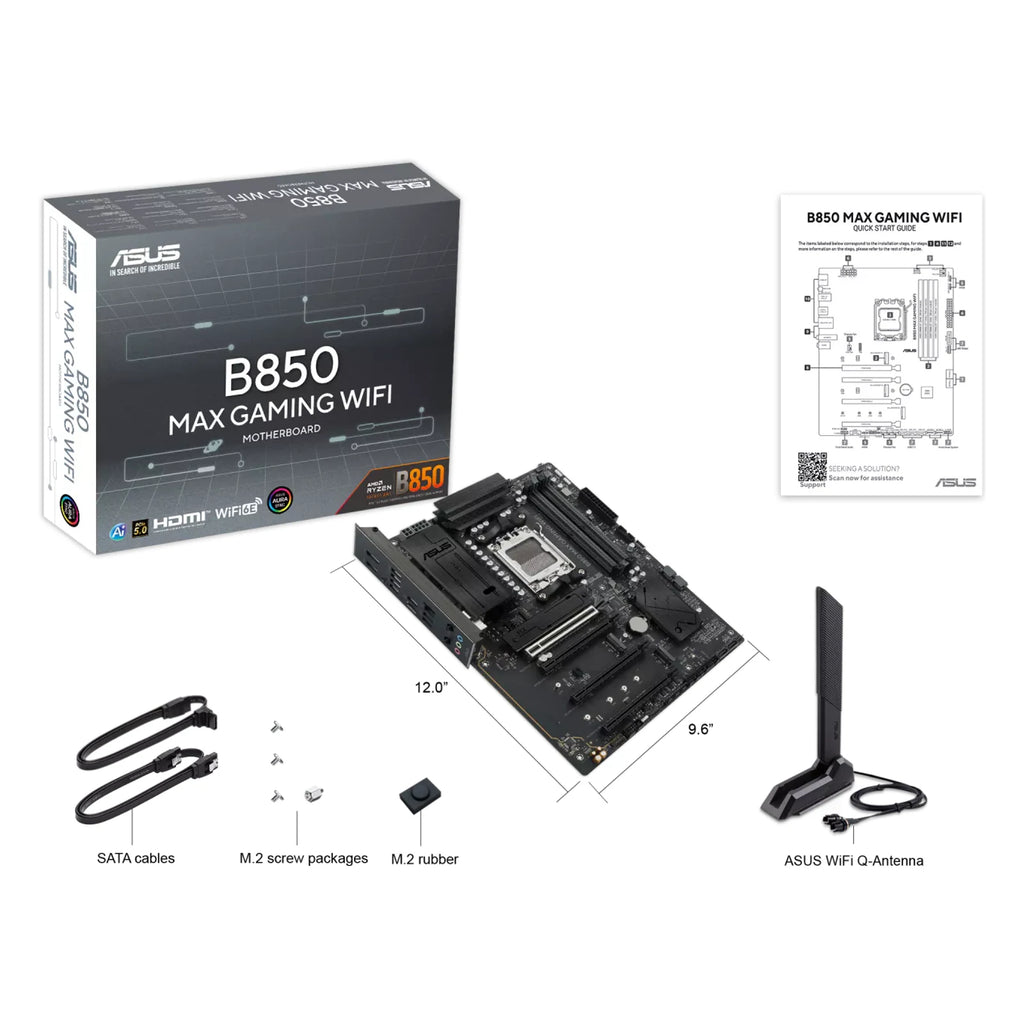 ASUS B850 MAX GAMING WIFI — contenu de la boîte sur fond blanc carré — réf. 90MB1PR0-M0EAY0