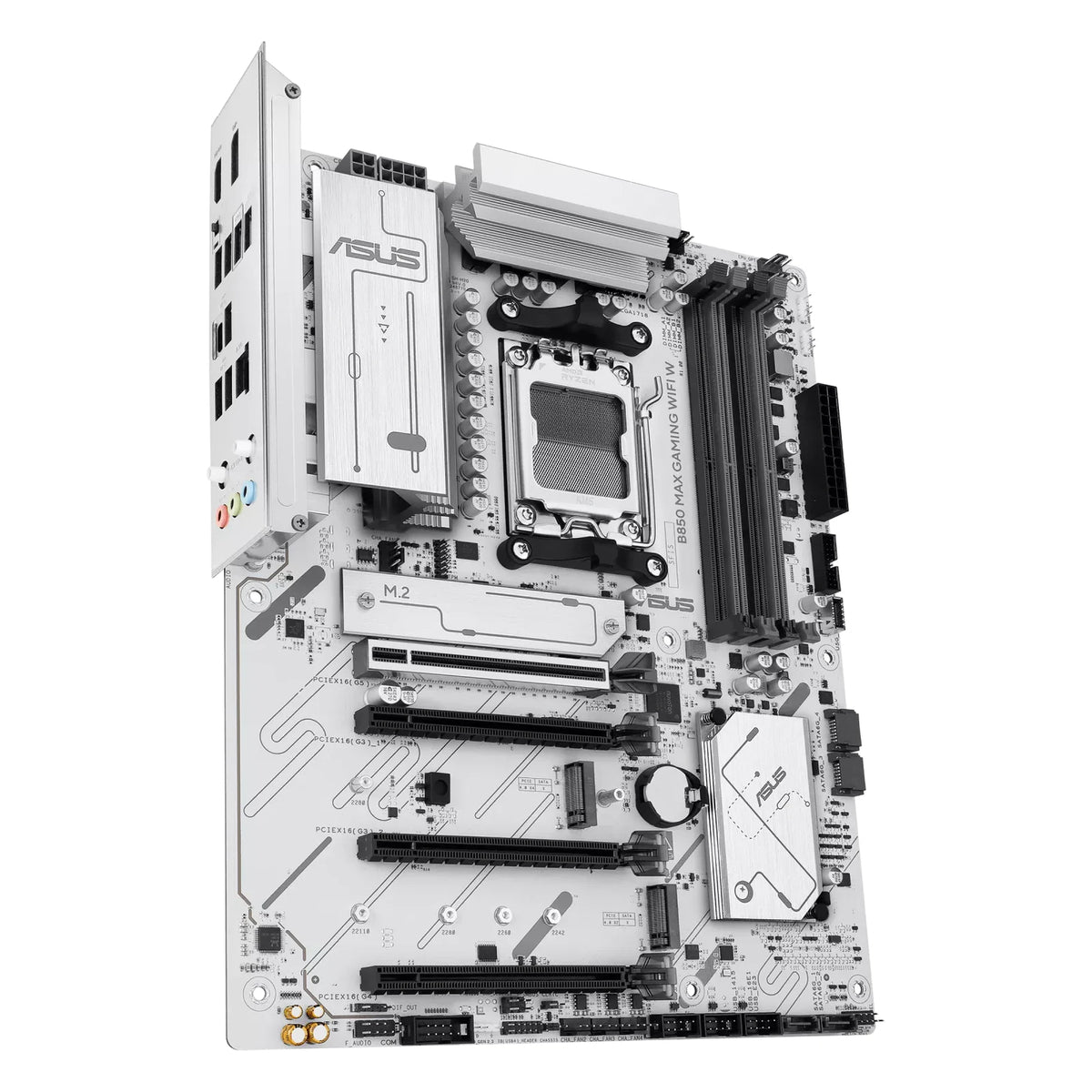 ASUS B850 MAX GAMING WIFI W — vue en perspective à 60 degrés sur fond blanc carré — réf. 90MB1M10-M0EAY0