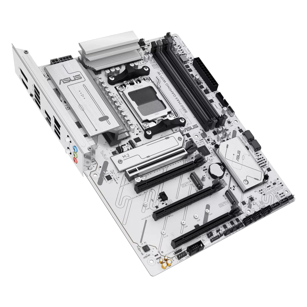 ASUS B850 MAX GAMING WIFI W — vue en perspective à 45 degrés sur fond blanc carré — réf. 90MB1M10-M0EAY0