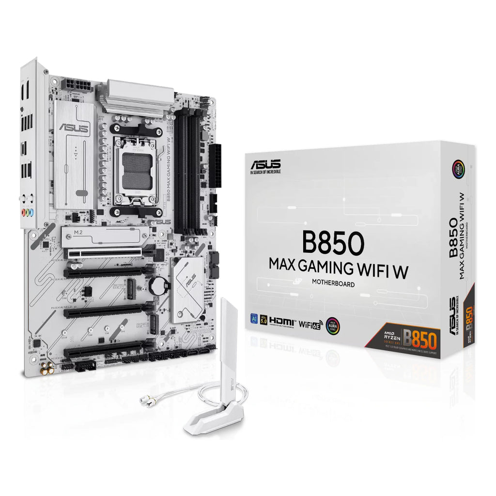 ASUS B850 MAX GAMING WIFI W — vue avec emballage sur fond blanc carré — réf. 90MB1M10-M0EAY0