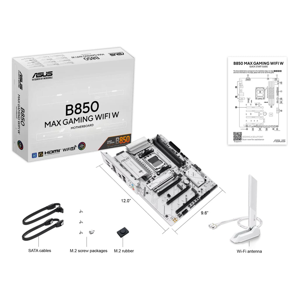 ASUS B850 MAX GAMING WIFI W — contenu de la boîte sur fond blanc carré — réf. 90MB1M10-M0EAY0