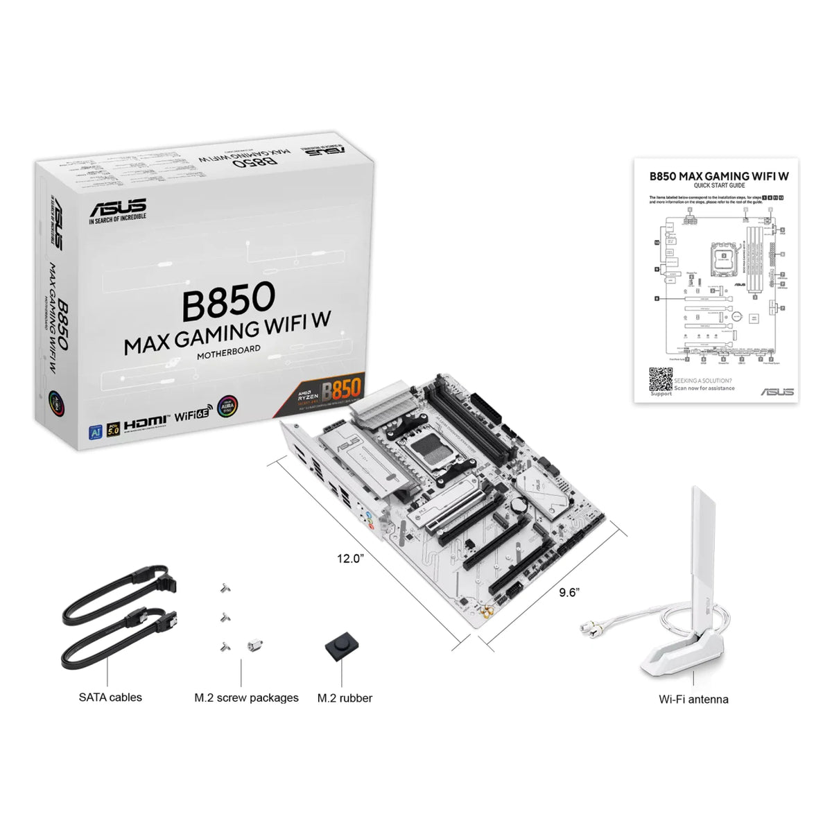 ASUS B850 MAX GAMING WIFI W — contenu de la boîte sur fond blanc carré — réf. 90MB1M10-M0EAY0
