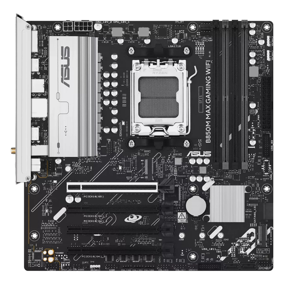 ASUS B850M MAX GAMING WIFI — vue principale sur fond blanc carré — réf. 90MB1LL0-M0EAY0