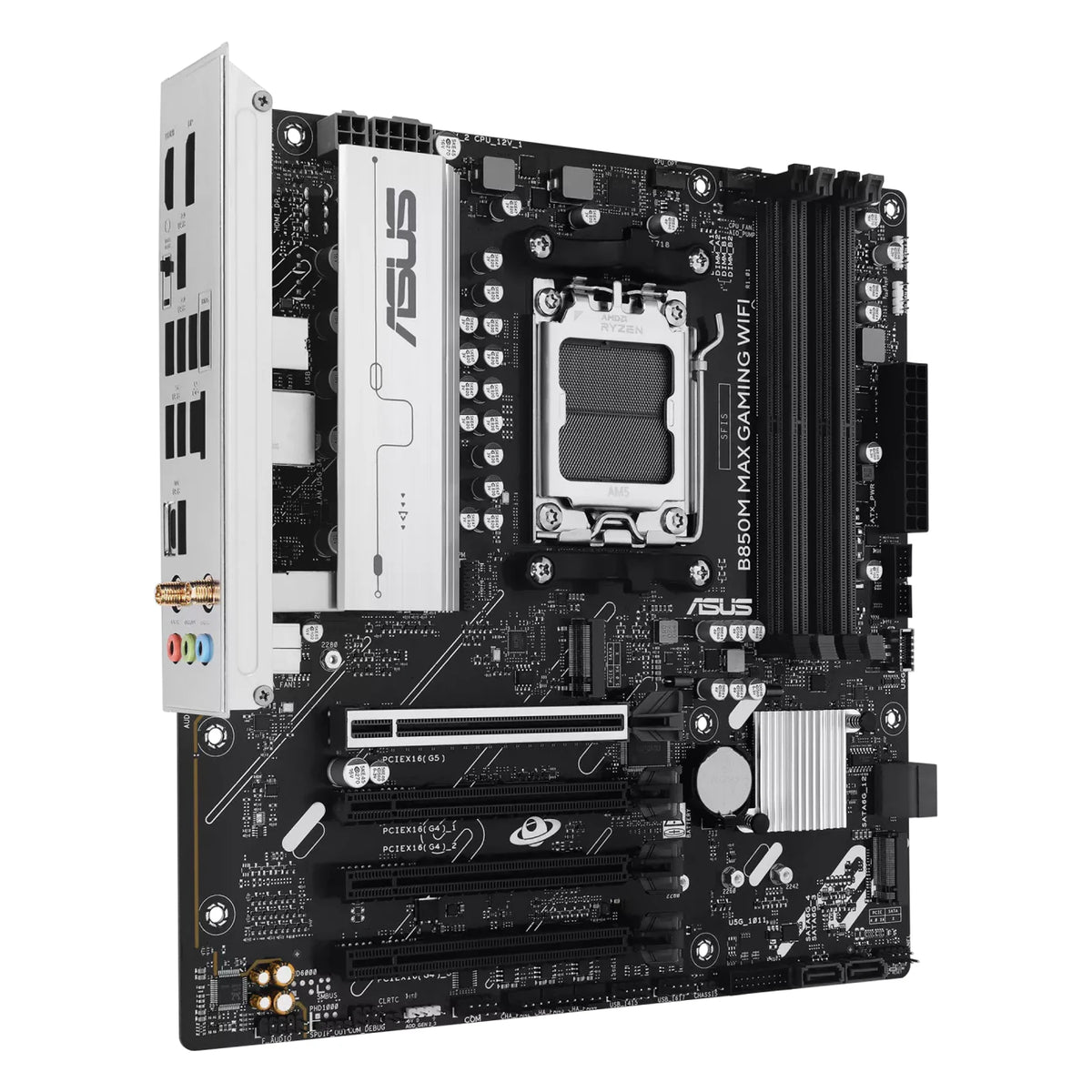 ASUS B850M MAX GAMING WIFI — vue de face à 90 degrés sur fond blanc carré — réf. 90MB1LL0-M0EAY0