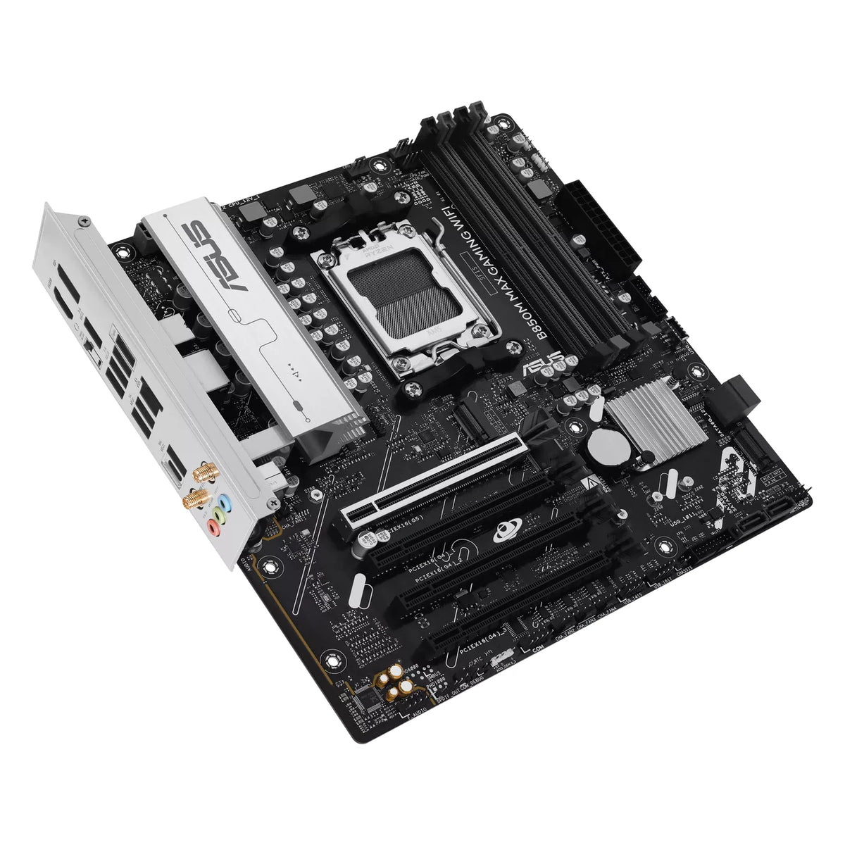 ASUS B850M MAX GAMING WIFI — vue en perspective à 45 degrés sur fond blanc carré — réf. 90MB1LL0-M0EAY0