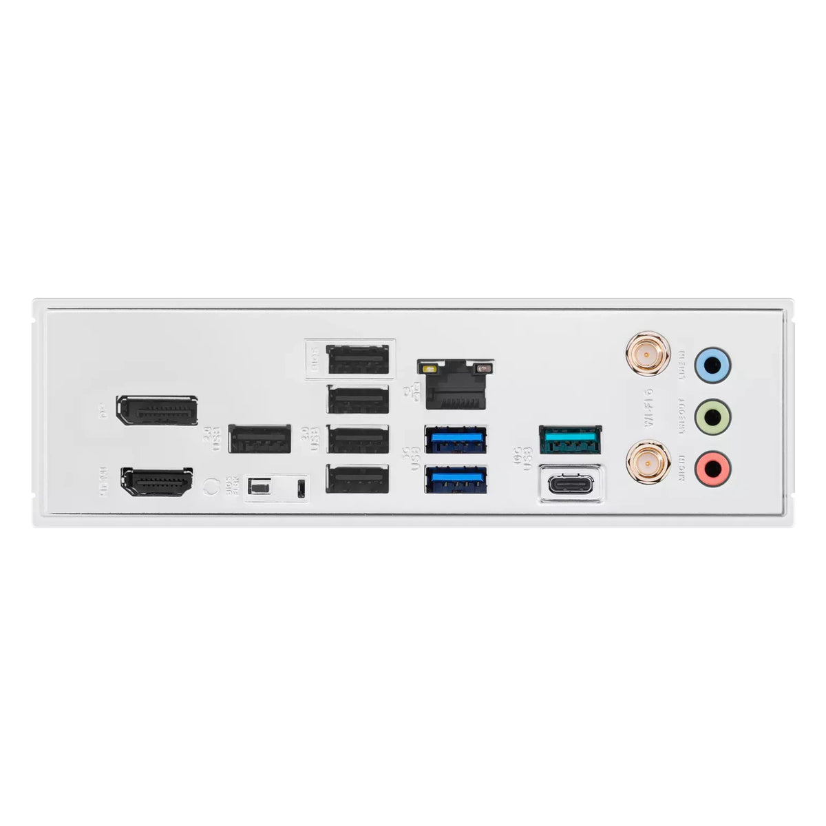 ASUS B850M MAX GAMING WIFI — connectique arrière sur fond blanc carré — réf. 90MB1LL0-M0EAY0
