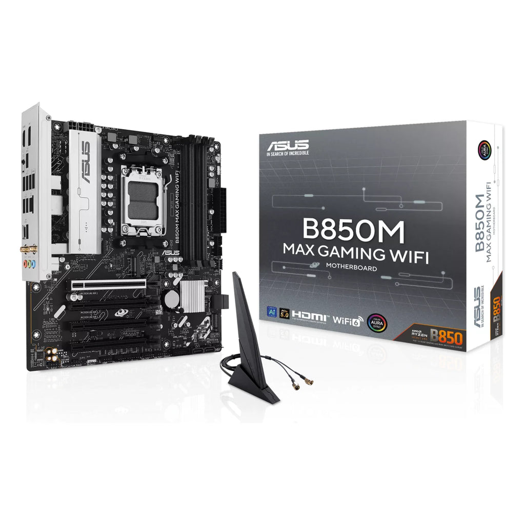 ASUS B850M MAX GAMING WIFI — vue avec emballage sur fond blanc carré — réf. 90MB1LL0-M0EAY0