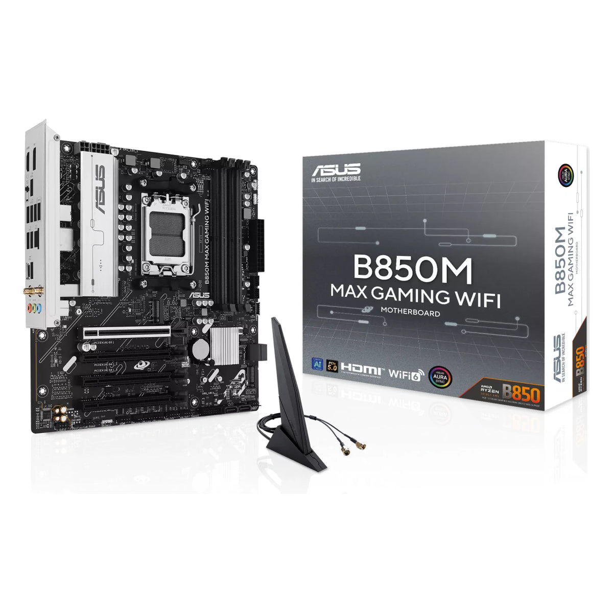 ASUS B850M MAX GAMING WIFI — vue avec emballage sur fond blanc carré — réf. 90MB1LL0-M0EAY0