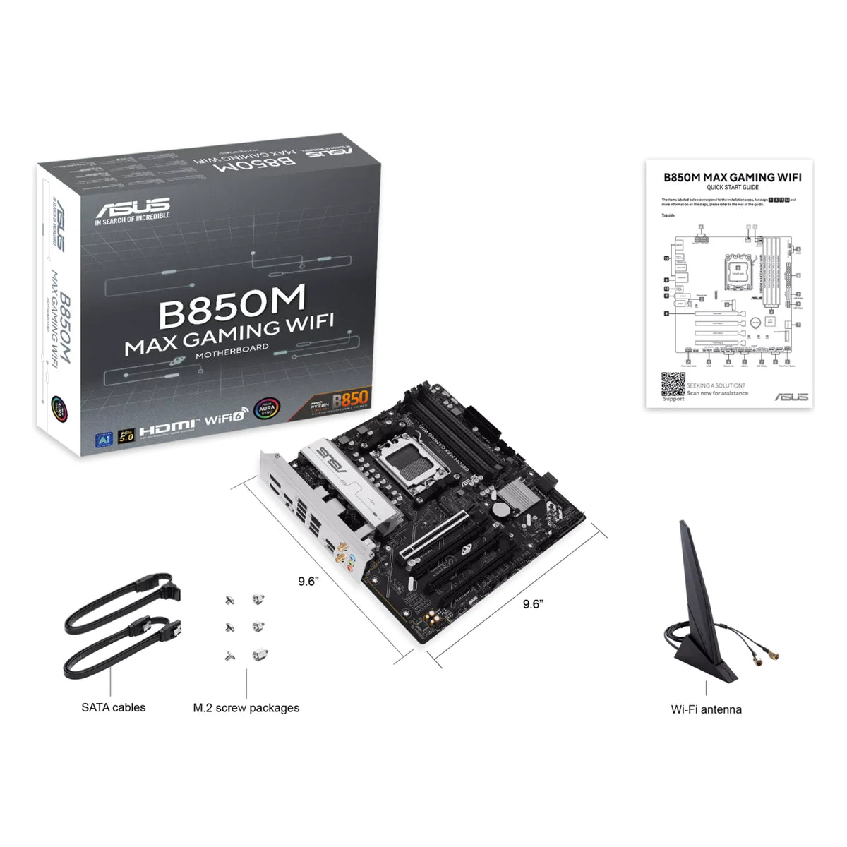 ASUS B850M MAX GAMING WIFI — contenu de la boîte sur fond blanc carré — réf. 90MB1LL0-M0EAY0