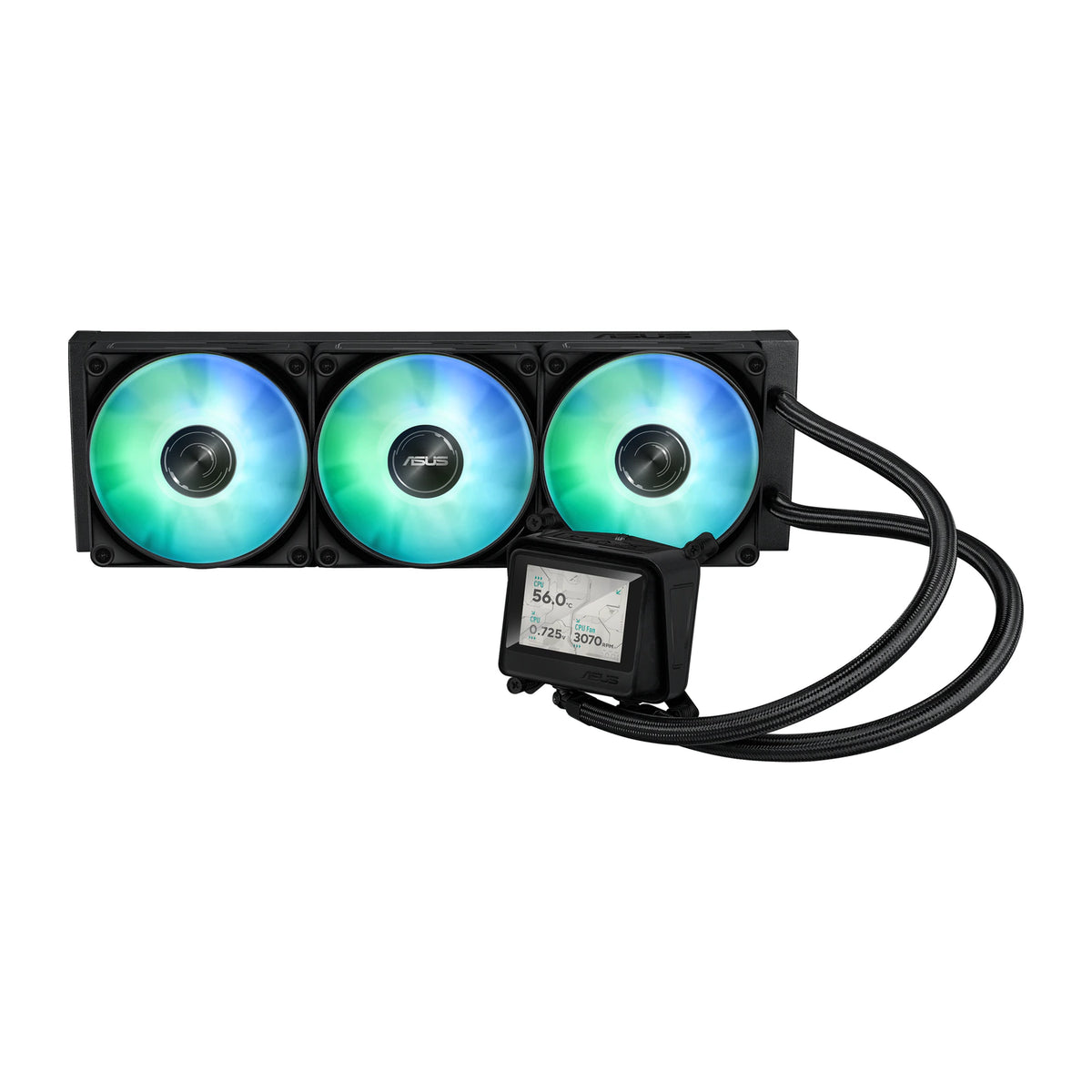 ASUS MAX Gaming LC 360 ARGB LCD Noir — vue principale du watercooling AIO sur fond blanc carré — réf. 90RC01G1-B0EAY0