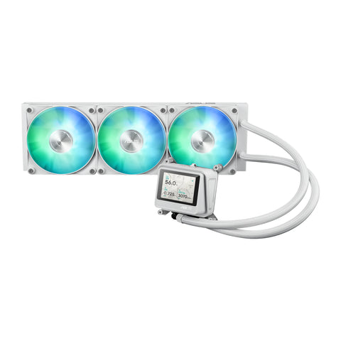 ASUS MAX Gaming LC 360 ARGB LCD Blanc — vue principale du watercooling AIO sur fond blanc carré — réf. 90RC01G2-B0EAY0
