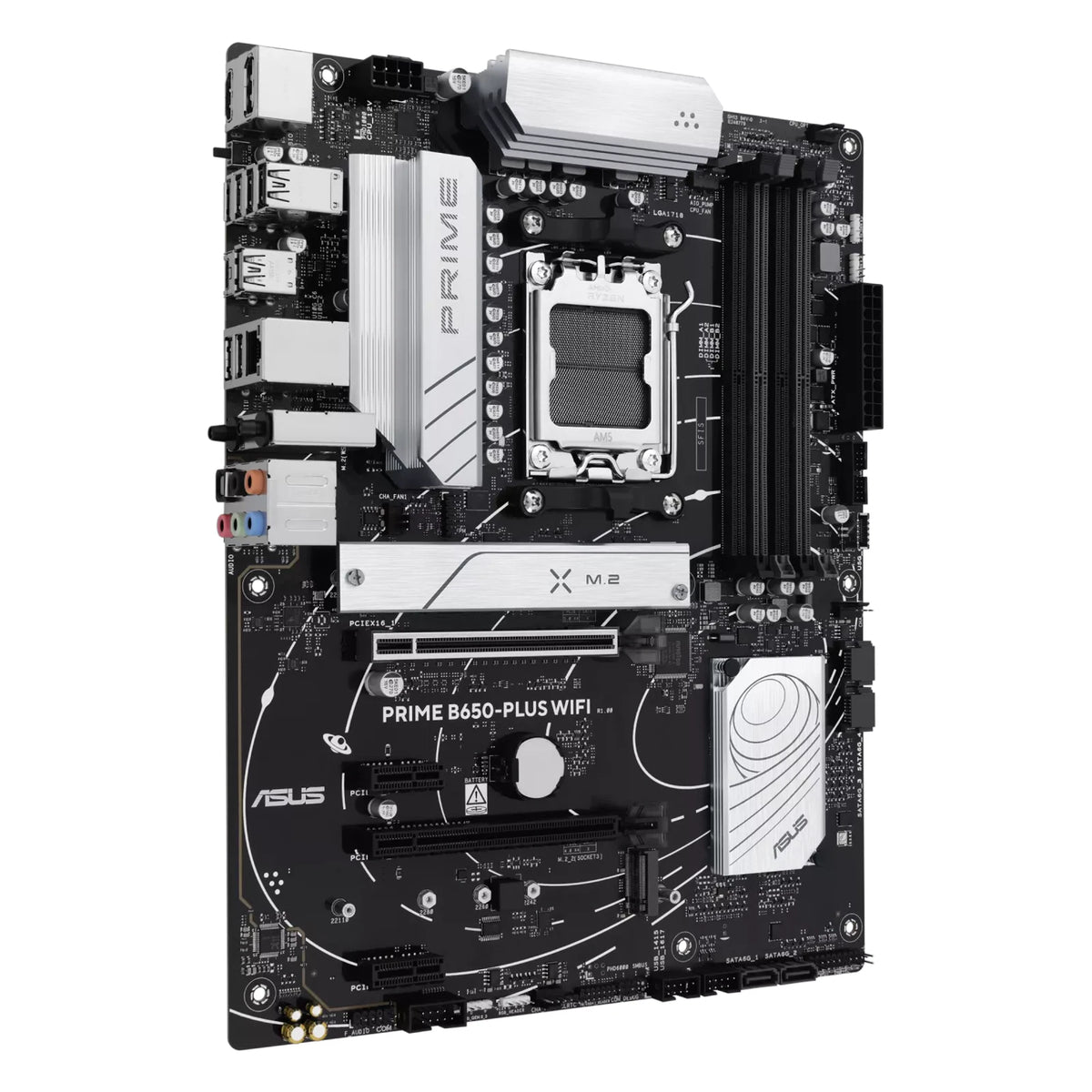 ASUS PRIME B650-PLUS WIFI — vue en perspective à 45 degrés sur fond blanc carré — réf. 90MB1KP0-M0EAY0