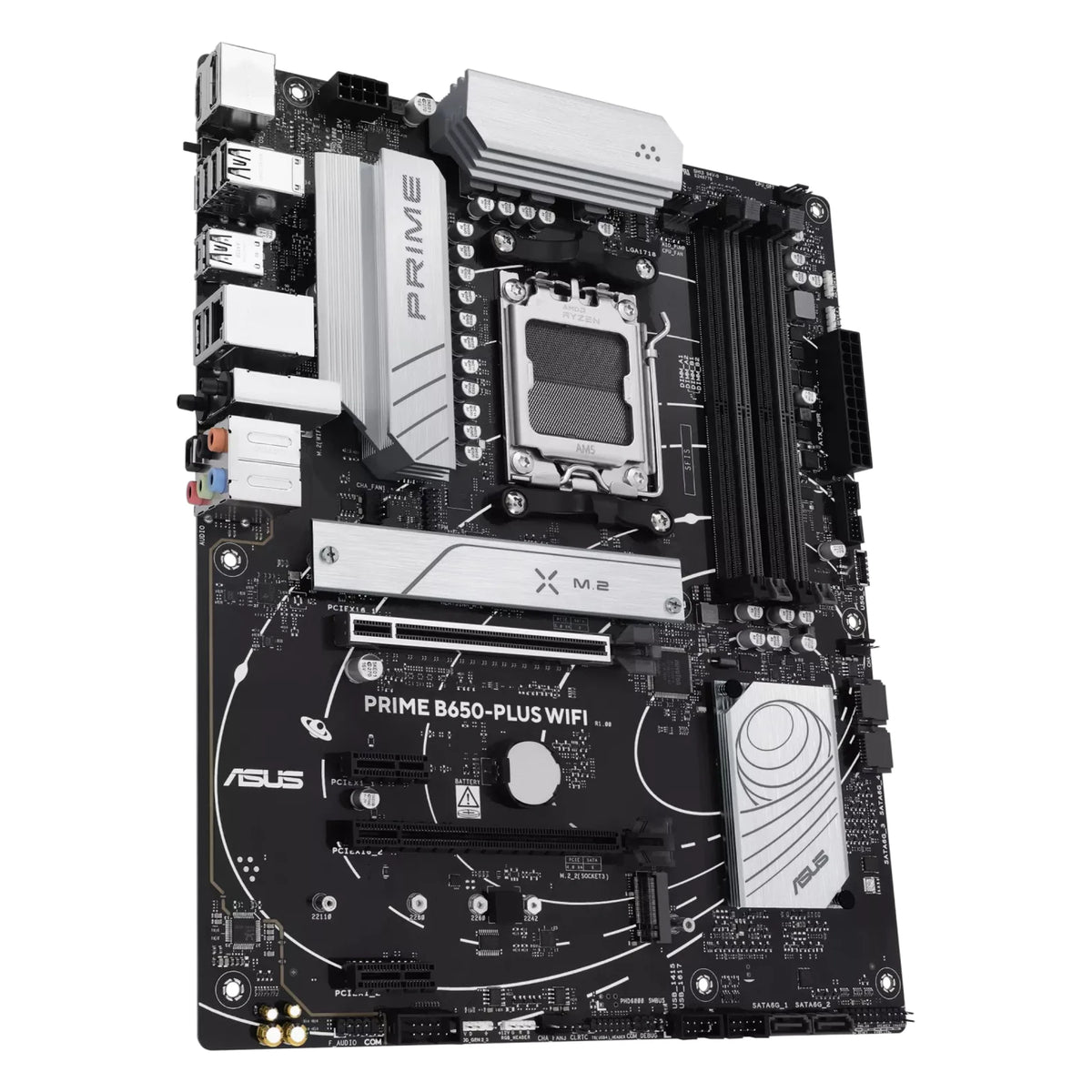 ASUS PRIME B650-PLUS WIFI — vue en perspective à 45 degrés sur fond blanc carré — réf. 90MB1KP0-M0EAY0
