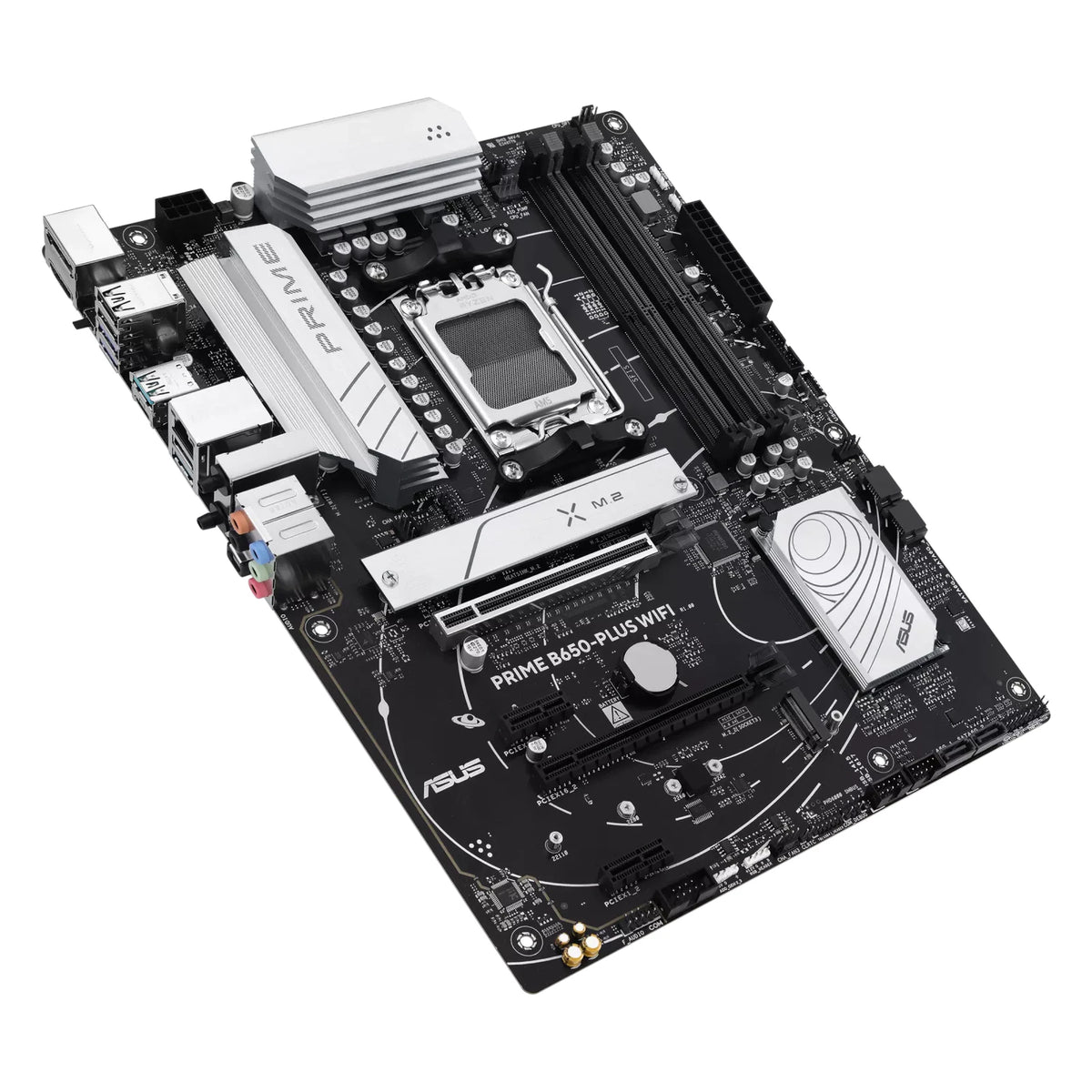 ASUS PRIME B650-PLUS WIFI — vue en perspective à 45 degrés sur fond blanc carré — réf. 90MB1KP0-M0EAY0
